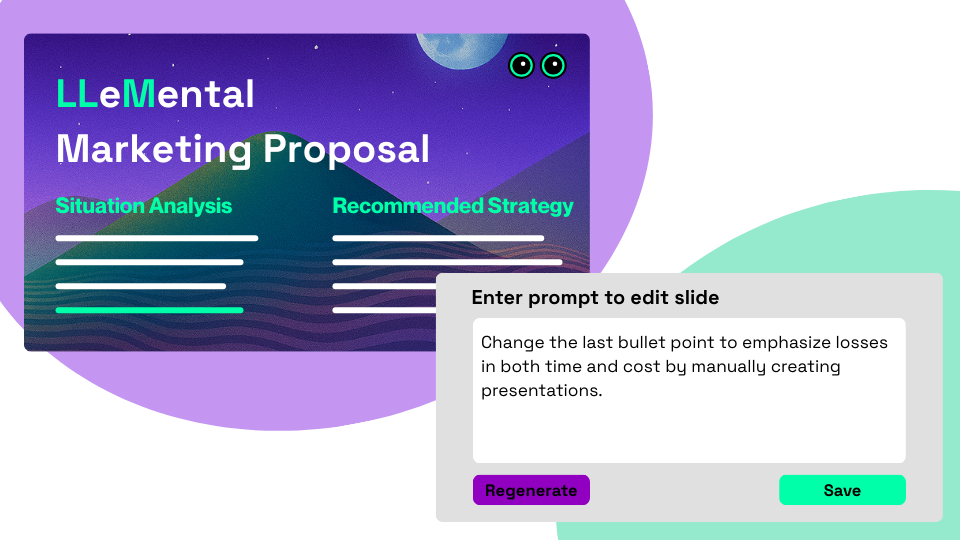 AI presentation builder with smart editing interface showing quick content refinement without regeneration