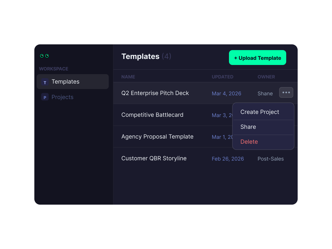 Document automation library dashboard showing organized presentation templates