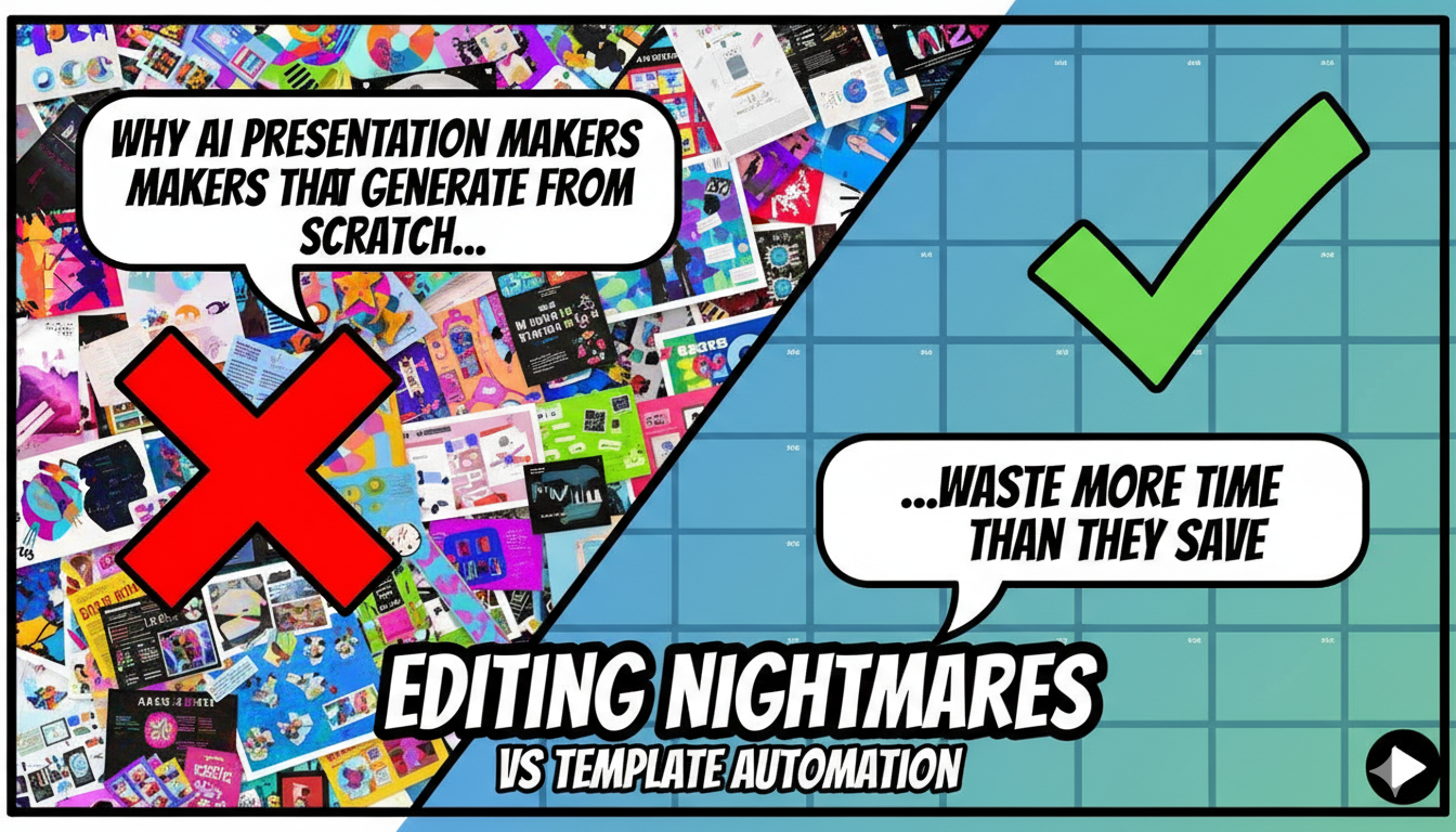 Professional frustrated with from-scratch AI presentation maker showing structural mismatches, proprietary editor limitations, and PowerPoint export compatibility failures