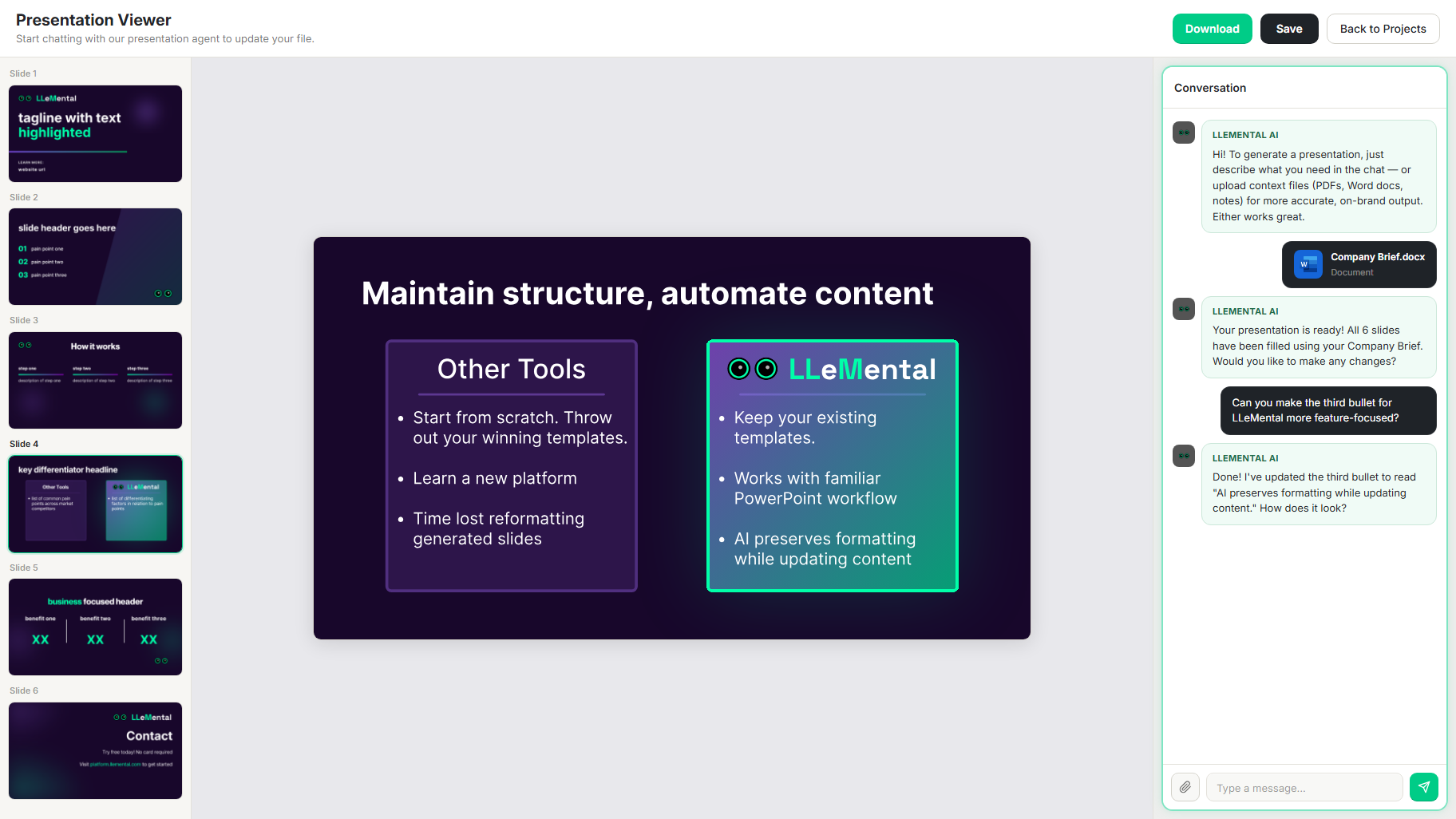 LLeMental Presentation Viewer with AI chat assistant open, showing a generated slide inside the original PowerPoint template with formatting fully preserved