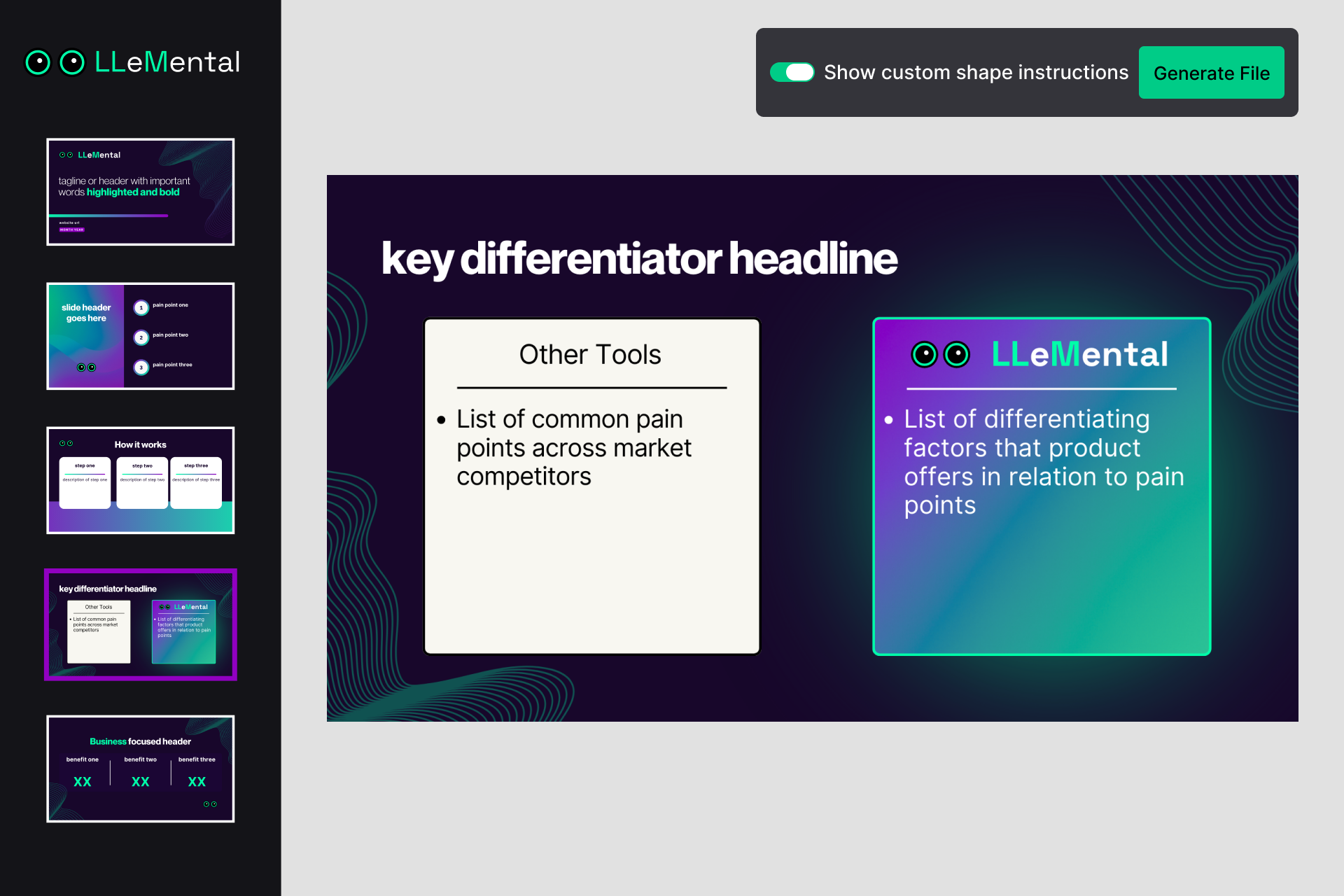 LLeMental competitive comparison slide template for AI presentation automation