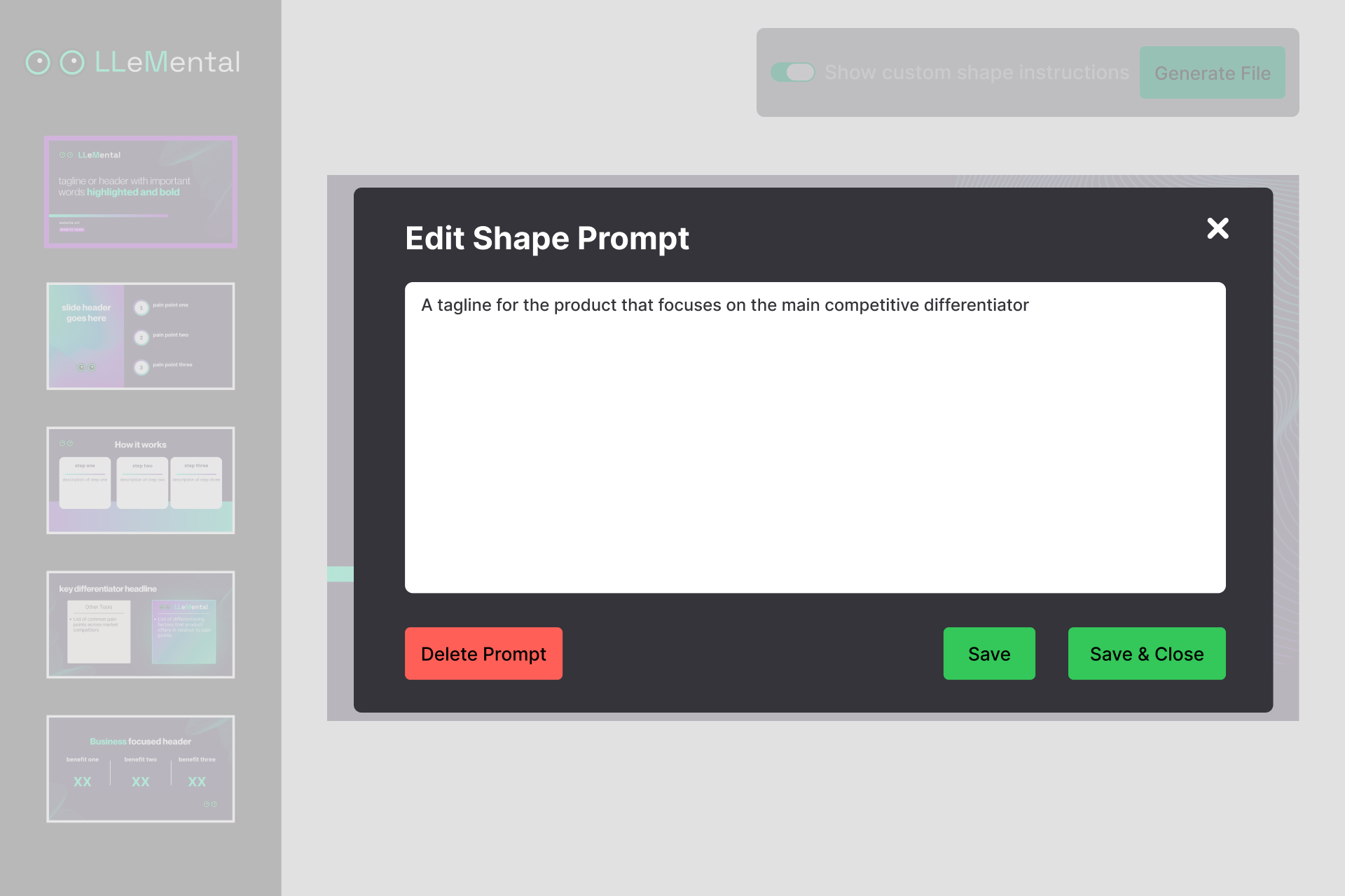 LLeMental prompt configuration modal for AI content generation instructions