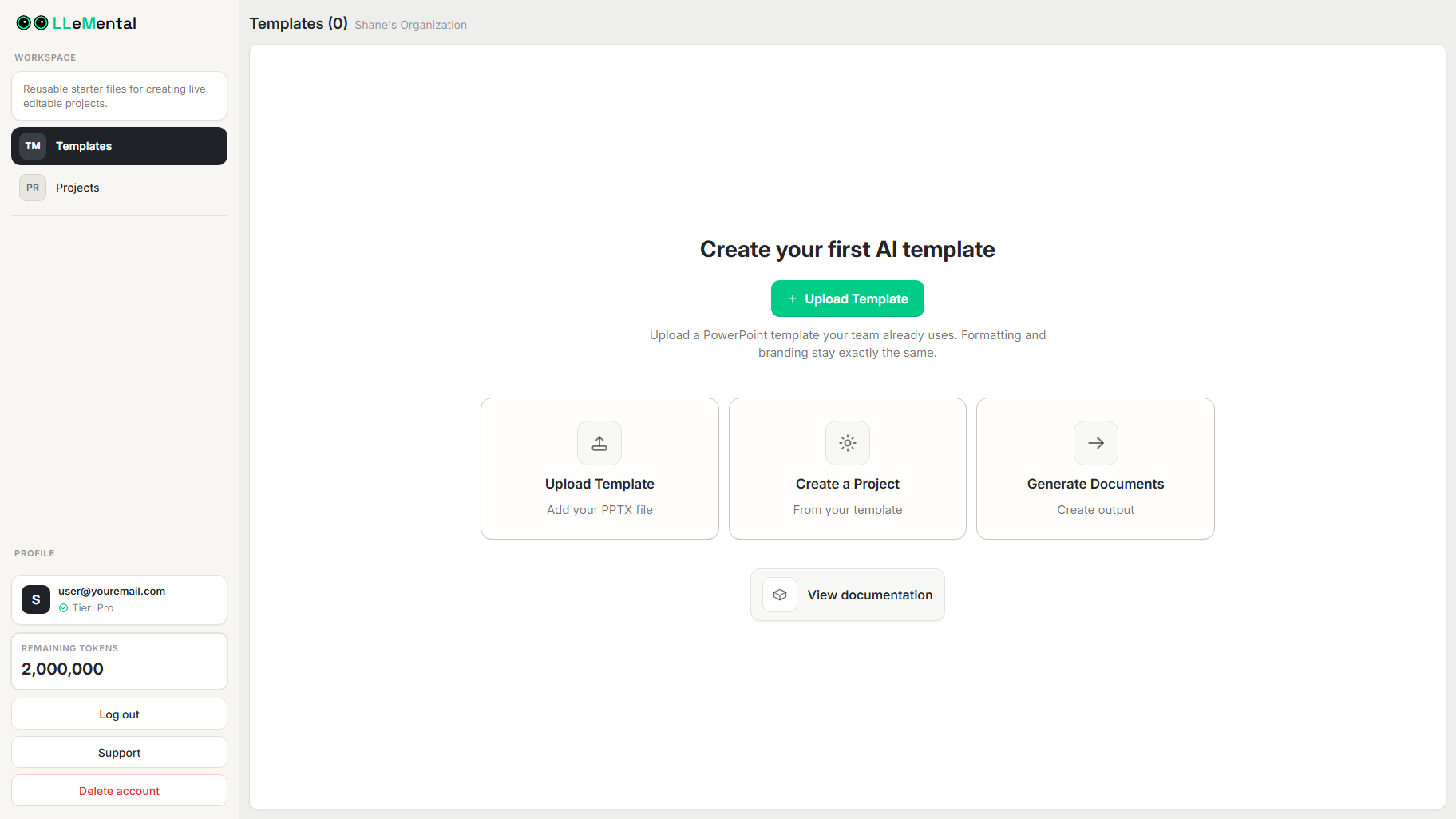 LLeMental library interface showing Upload Template button and empty library state