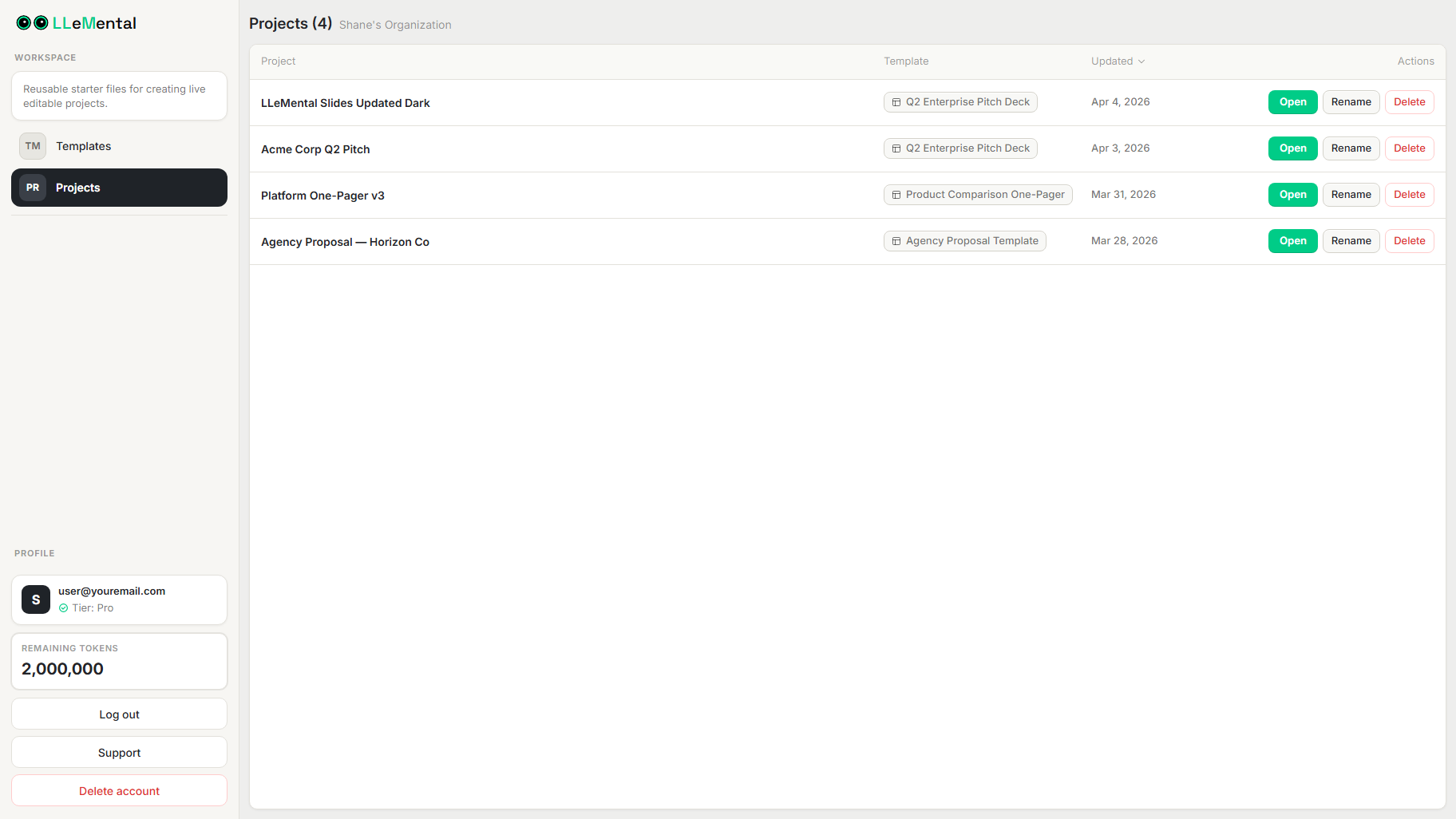LLeMental project setup screen showing a new project being created from a saved PowerPoint template in the template library