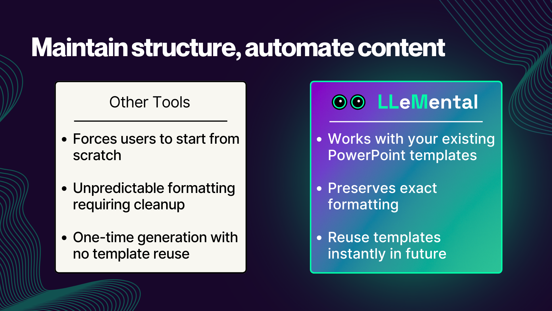 LLeMental AI content generation for feature-focused presentations