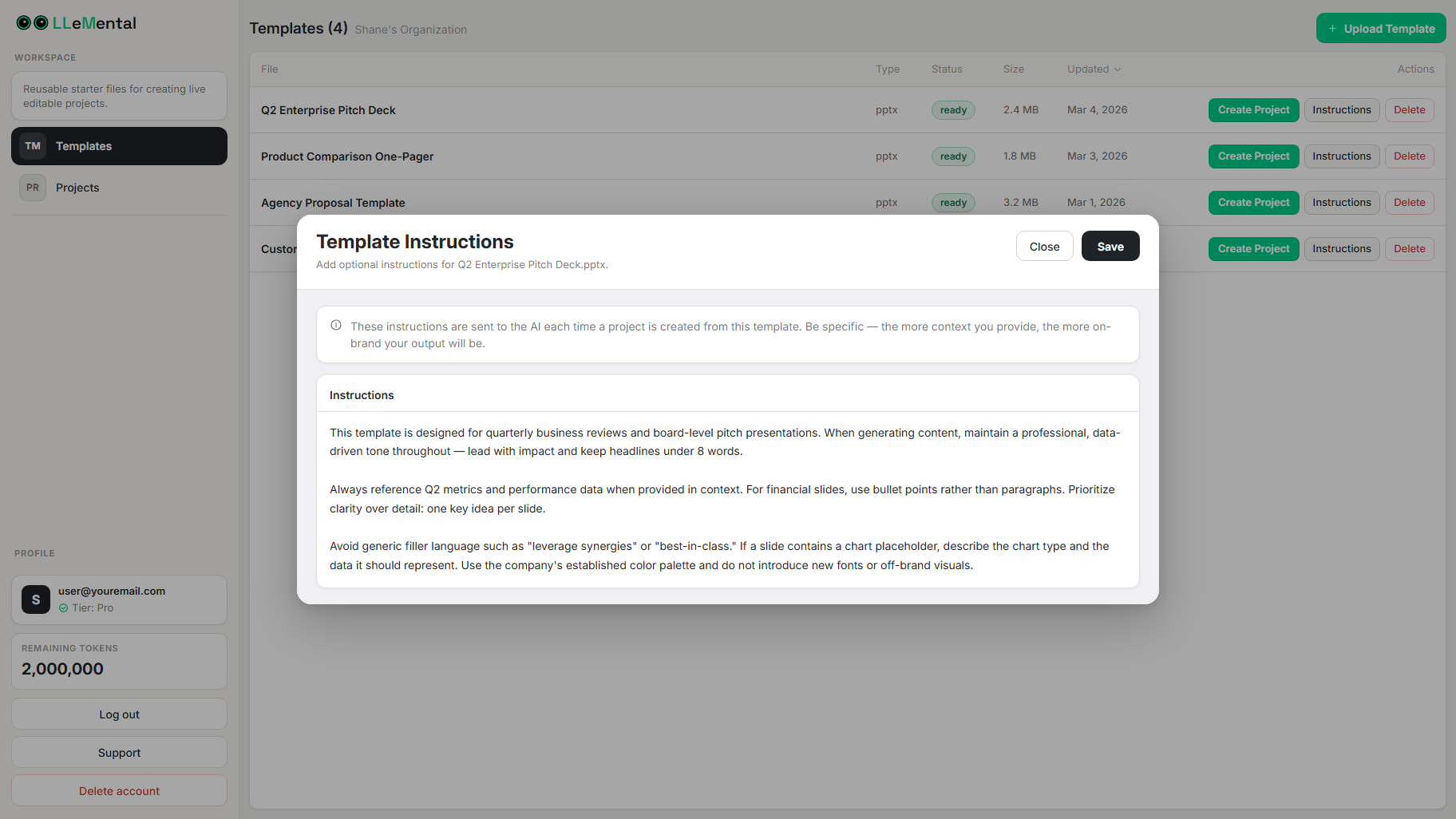 LLeMental template Instructions editor showing a filled example with tone, format, and audience guidance