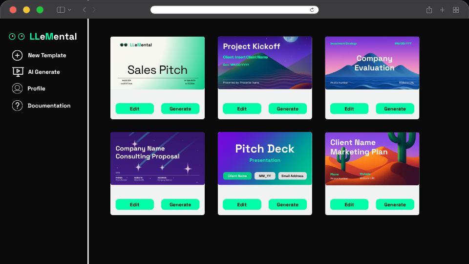 LLeMental template library showing organized AI PowerPoint templates ready for instant generation
