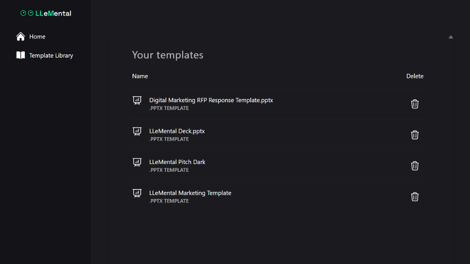 LLeMental template library showing saved presentation templates ready for reuse