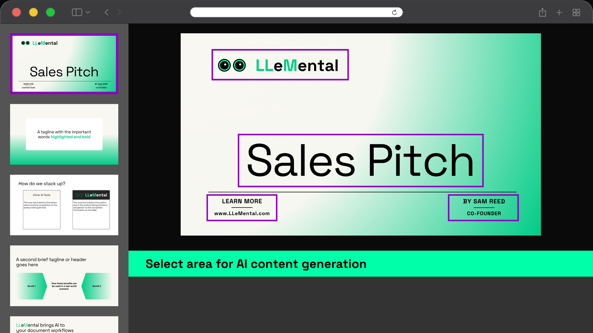 LLeMental's interactive highlighting system showing point-and-click template configuration for proposal automation