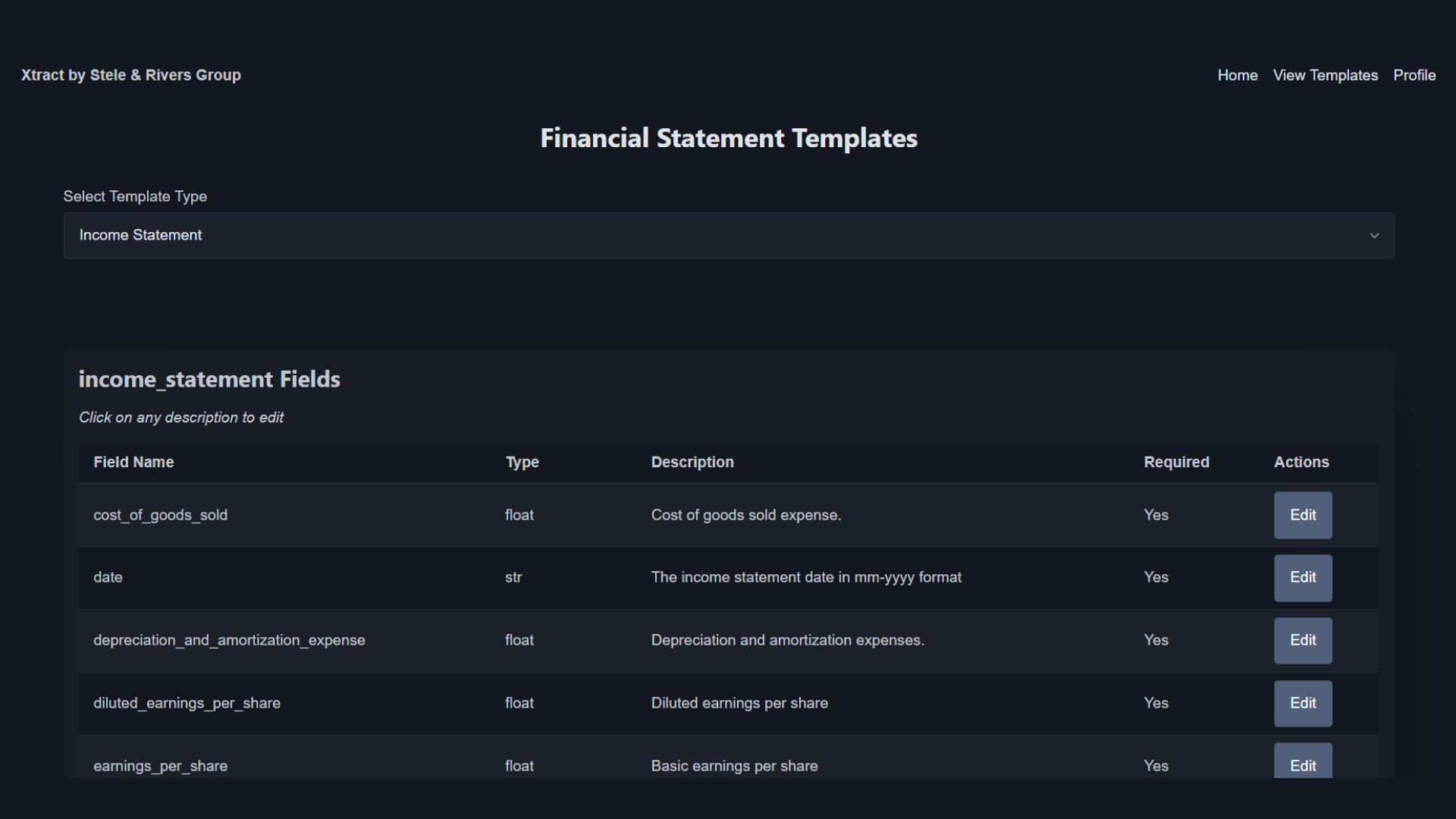 Financial statement templates and fields for mapping structured content